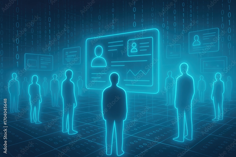 Fototapete digital human resources database with binary code background and glowing silhouettes technology