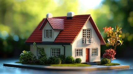 A miniature model of a two-story house with a red roof and white walls, situated on a green lawn with a tree and bushes.