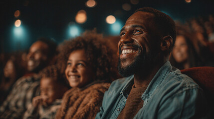 Fototapeta premium african american family watching cinema together in theater smiling laughing and enjoying entertainment bonding and joyful family lifestyle concept