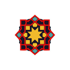 Geometric Starburst Mandala with Red, Yellow, Teal, and Dark Blue Accents