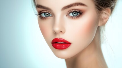 Fototapeta premium A beautiful woman with red lipstick and blue eyes, wearing a white dress, standing in front of a blue background.