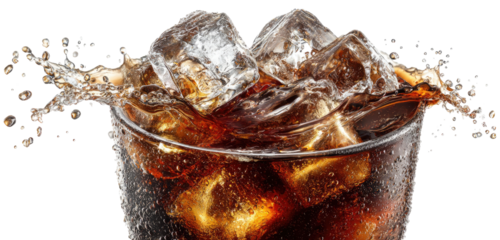 Close-up of a glass of soda with ice, splashing