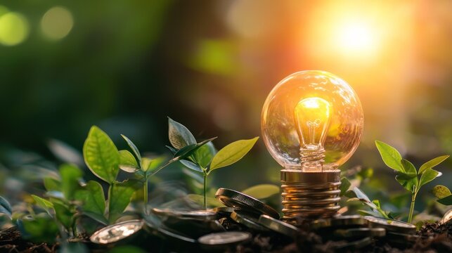 A light bulb with a green leaf on it, emitting a yellow light, surrounded by green leaves and coins on a green background with a sun shining through. - Powered by Adobe