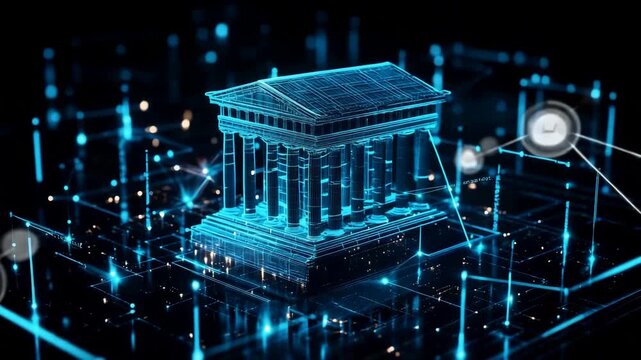 Digital bank temple in neon glow across tech grid, fintech payment and crypto concept, smooth loop background for finance projects