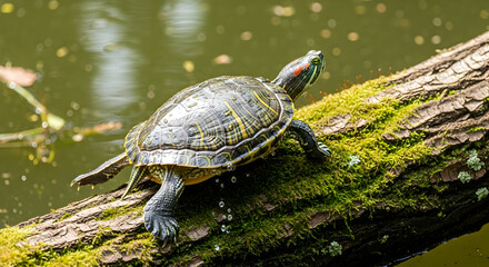 Obraz premium Red-eared Slider Turtle basking on mossy log in natural habitat near tranquil pond water