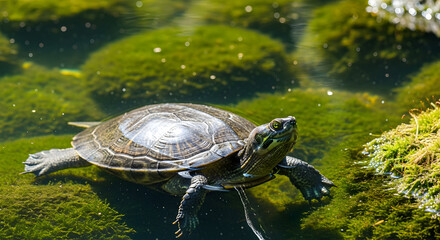 Obraz premium Turtle swimming gracefully in a pond filled with green algae a serene aquatic scene