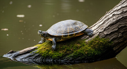 Fototapeta premium A serene turtle resting on a mossy log in a tranquil pond evokes wildlife beauty