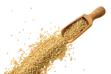 Sorghum grains cascading from a small wooden scoop creating natural earthy texture
