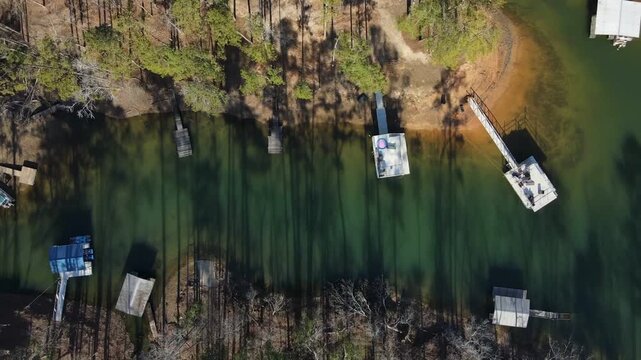 Aerial top down Clarks Hill Lake in winter after Hurricane Helene in Appling Augusta Georgia
