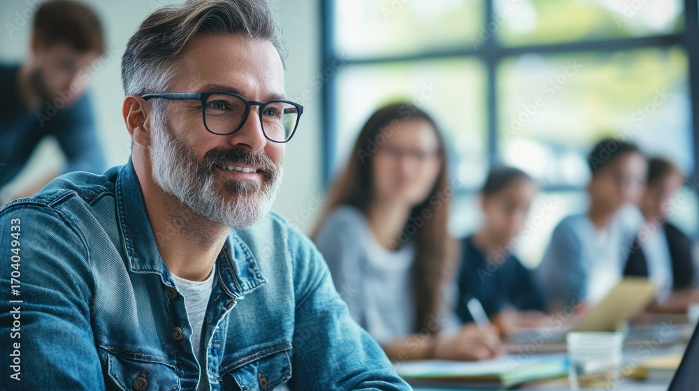 Poster a man with glasses smiling in a classroom with students in the background.