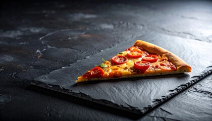 Delicious single slice of classic Italian Margherita pizza with melted mozzarella cheese and fresh cherry tomatoes, served on a stylish black slate plate against a dark textured concrete background