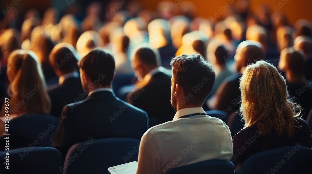 Poster a crowd of business professionals attending a conference. the setting is a large auditorium with row