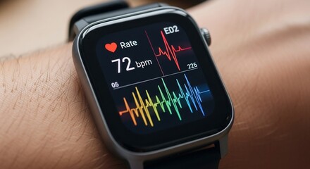 A modern smartwatch on a person's wrist displaying a heart rate of 72 bpm and an electrocardiogram waveform.