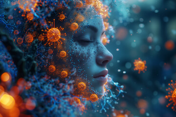 AI. Human head made of viruses