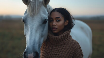 Serene portrait of a beautiful woman and her white horse