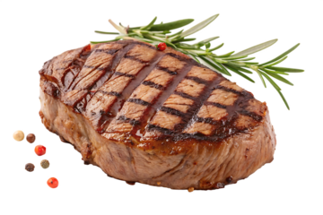 Juicy grilled beef steak with rosemary and peppercorns isolated on transparent background