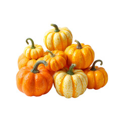 Obraz premium Assorted miniature pumpkins in vibrant orange and yellow tones stacked together for autumnal decoration transparent background