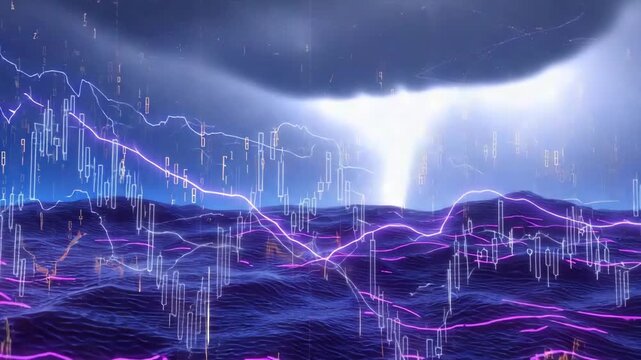Dynamic transparent digital ocean, glowing 3D line charts trading graphs float fish schools Abstract stock symbols currents storm flashes global trade maps statistics clouds. Rain financial data - Powered by Adobe
