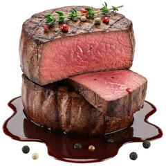 Sizzling Grilled Steak with Red Wine Reduction Sauce on a Transparent Background: Premium Quality Meat Photography for Restaurant Menus, Food Blogs