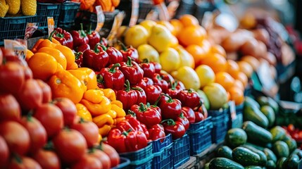 A vibrant display of colorful vegetables and fruits on a market stall.