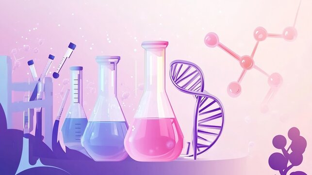 Chemistry research innovation banner vector flat design with lab tools DNA strand molecular visuals concept for presentations
