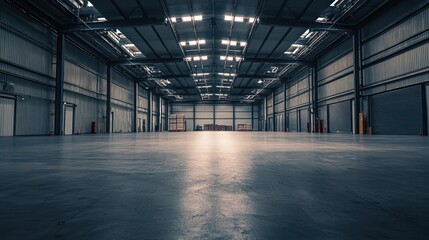 A large, empty warehouse with metallic walls and a concrete floor.