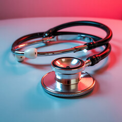 Stethoscope on white surface with red and blue lighting in the background, close up view medical technology