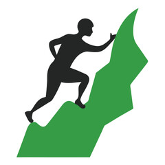 Silhouette climber ascends jagged green mountain showing dedication and perseverance through reaching the peak