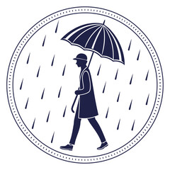 Silhouette man walking with an umbrella in the rain inside a dotted circle