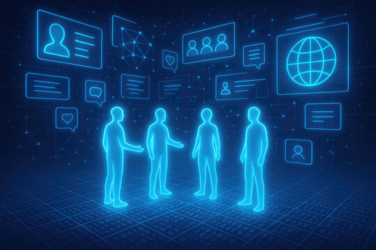 Four glowing blue human figures in a digital network surrounded by social media icons and data streams