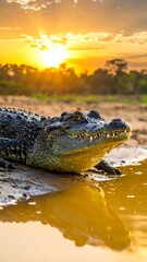 Obraz premium Crocodile by sunset reflection