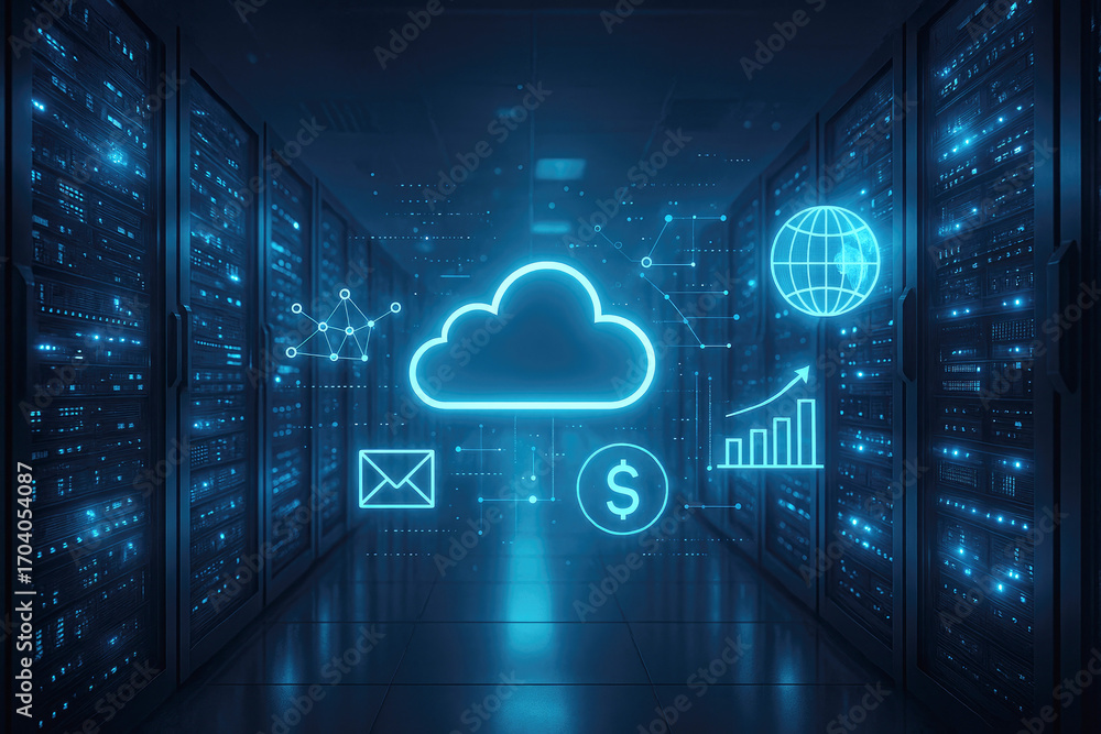 Aufkleber futuristic data center with glowing cloud computing and network icons server room technology