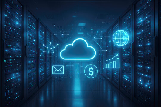 Futuristic data center with glowing cloud computing and network icons server room technology