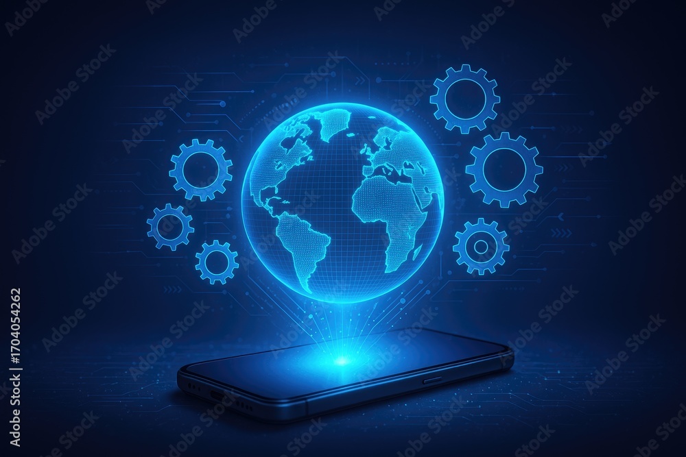 Aufkleber futuristic holographic globe and gears emerging from smartphone on digital network background techno