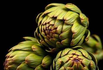Fototapeta premium Close-up of raw artichokes, vibrant green against deep black background, healthy, background