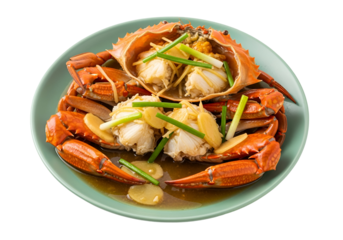 Steamed crab with ginger and scallions, beautifully presented on a teal plate, showcasing the vibrant orange-red crustacean and flavorful sauce.