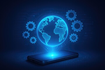 Futuristic Holographic Globe and Gears Emerging from Smartphone on Digital Network Background technology