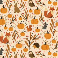 Autumn Harvest Whimsical Seamless Pattern with Pumpkins, Woodland Animals and Fall Foliage on Beige Background