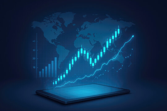Futuristic digital stock market graph rising on a tablet screen with world map background finance chart