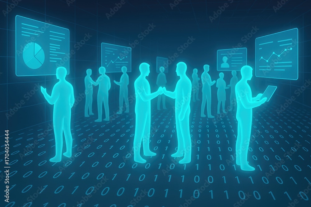 Aufkleber glowing blue human figures in a digital environment with data screens and binary code background sil