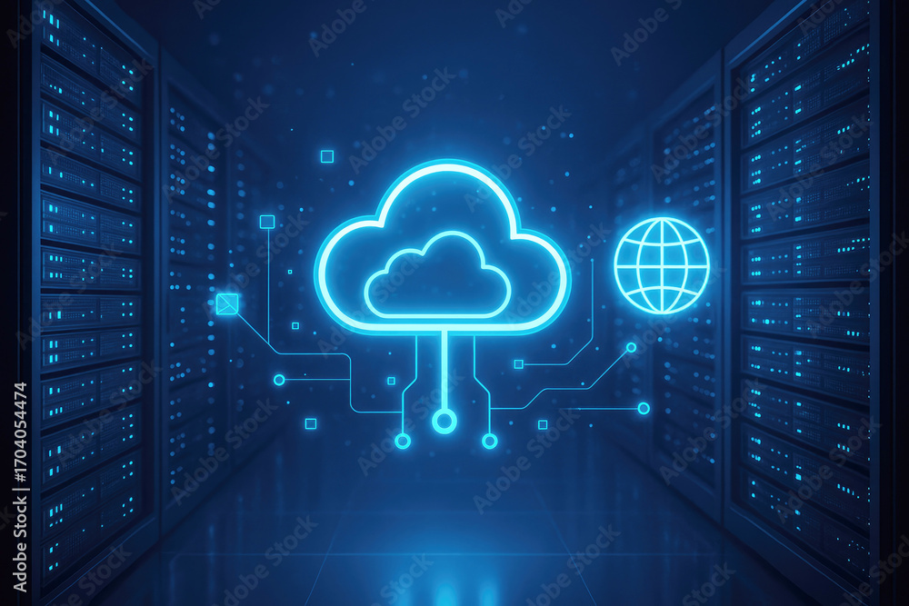 Aufkleber glowing cloud computing icon in a server room with network connections cloud icon data center