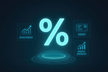 Glowing blue percentage symbol with financial icons for investment credit and profit growth on a dark digital grid background