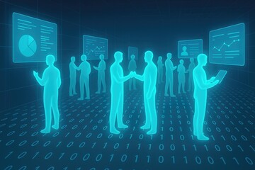 Glowing blue human figures in a digital environment with data screens and binary code background silhouettes