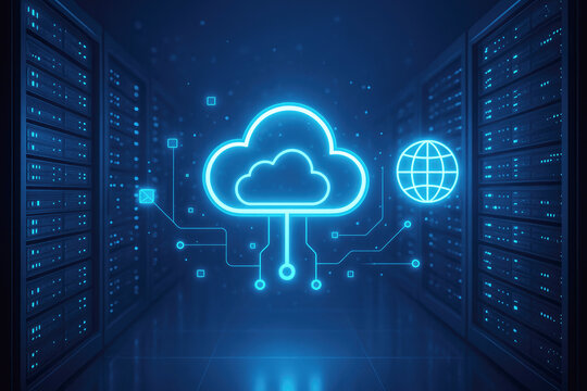 Glowing cloud computing icon in a server room with network connections cloud icon data center