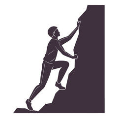Silhouette shows determined climber ascending a rocky cliff against a stark white background