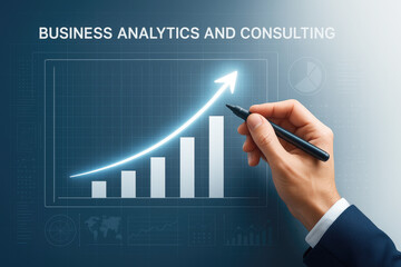Hand holding a pen over a bar graph with a rising white arrow and text BUSINESS ANALYTICS AND CONSULTING