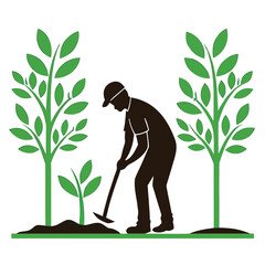 Silhouetted farmer plants sapling with digging tool between green trees on white background