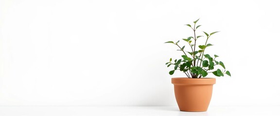 A lone potted plant against a stark white backdrop,   isolated plant,   vertical
