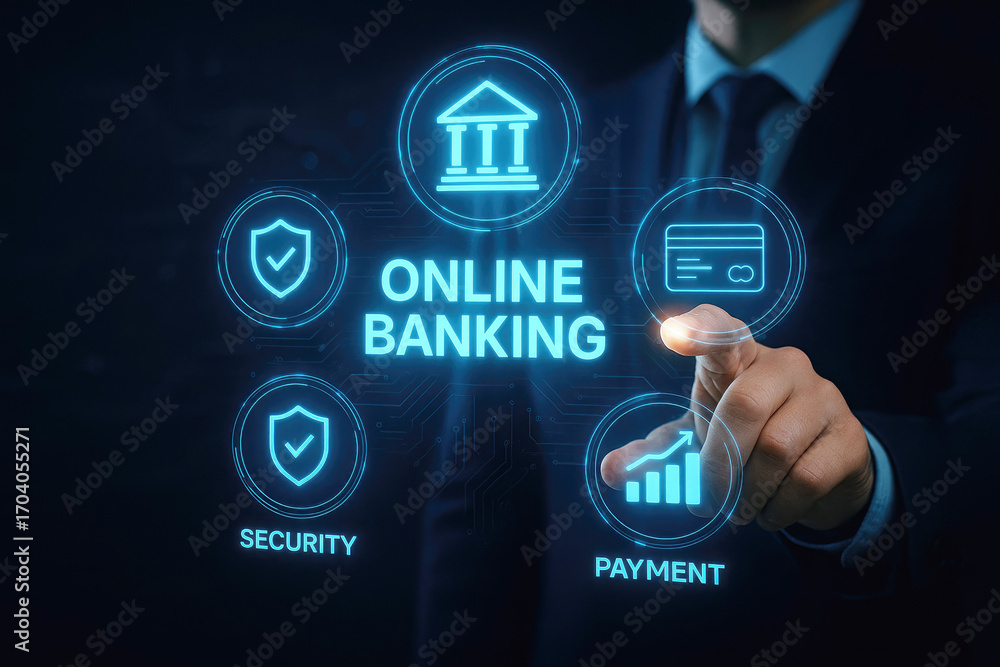 Poster hand interacting with glowing online banking interface showing security payment and growth icons ima