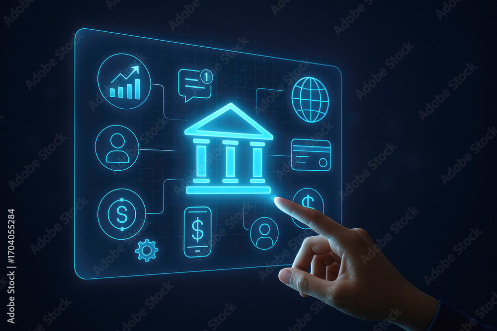 Poster hand interacting with holographic banking interface showing bank building and global network finance